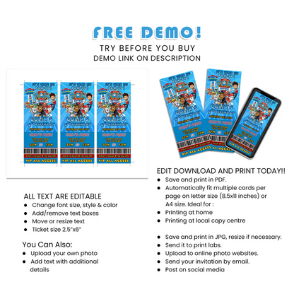 Paw Patrol Ticket Invitations Printable