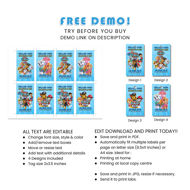 Paw Patrol Favor Tags for Birthday Party