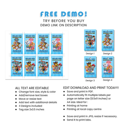 Paw Patrol Favor Tags for Birthday Party