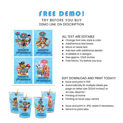 Paw Patrol Juice Pouch Labels Custom