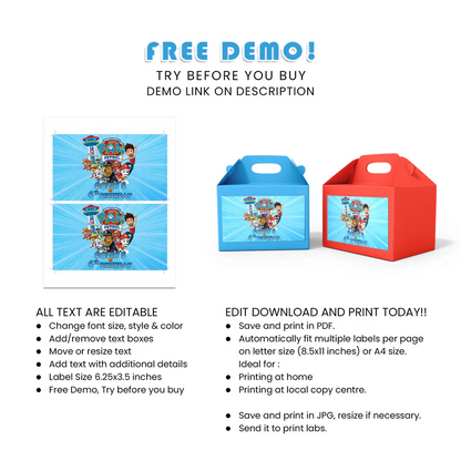 Paw Patrol Treat Box Labels for Kids