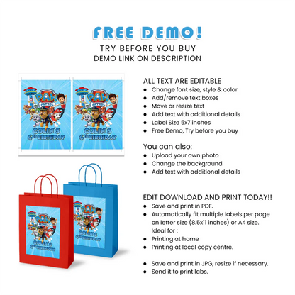 Paw Patrol Goodie Bag Labels Editable