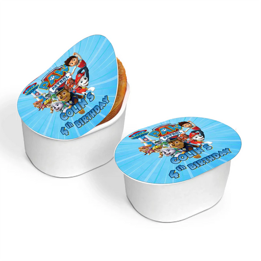 Paw Patrol mini Pringles label with compact design and red blue palette
