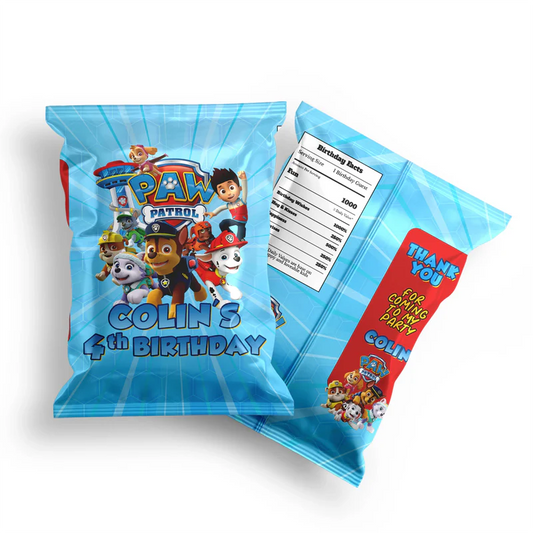 Paw Patrol chips bag label with fun graphics and editable party text