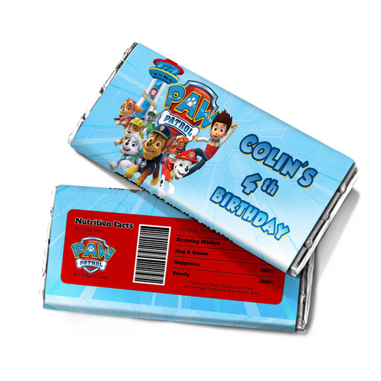 Paw Patrol chocolate label with wrappers for mini bars and themed art