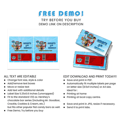 Paw Patrol Chocolate Labels for Wrappers