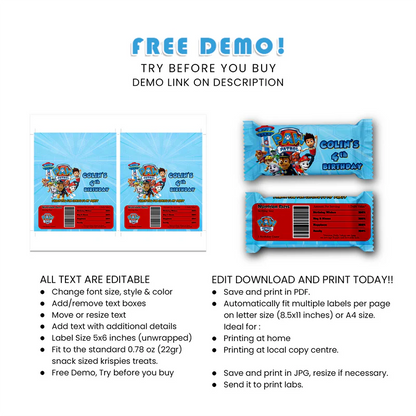 Paw Patrol Rice Krispies & Candy Bar Labels