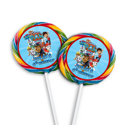 Paw Patrol lollipop label with round design and colorful graphics