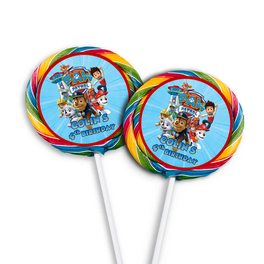 Paw Patrol lollipop label with round design and colorful graphics