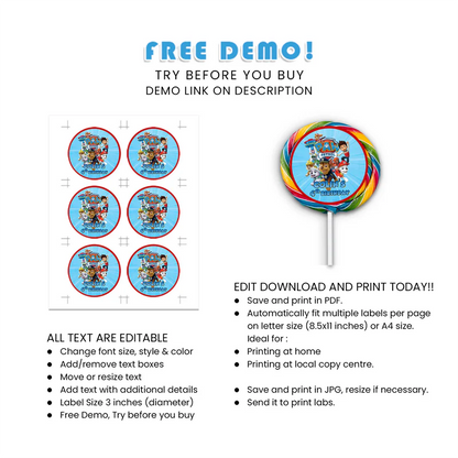 Paw Patrol Lollipop Labels Editable