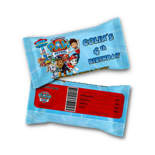 Paw Patrol Skittles label with bright background and custom message