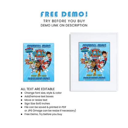 Paw Patrol Custom Party Sign Printable