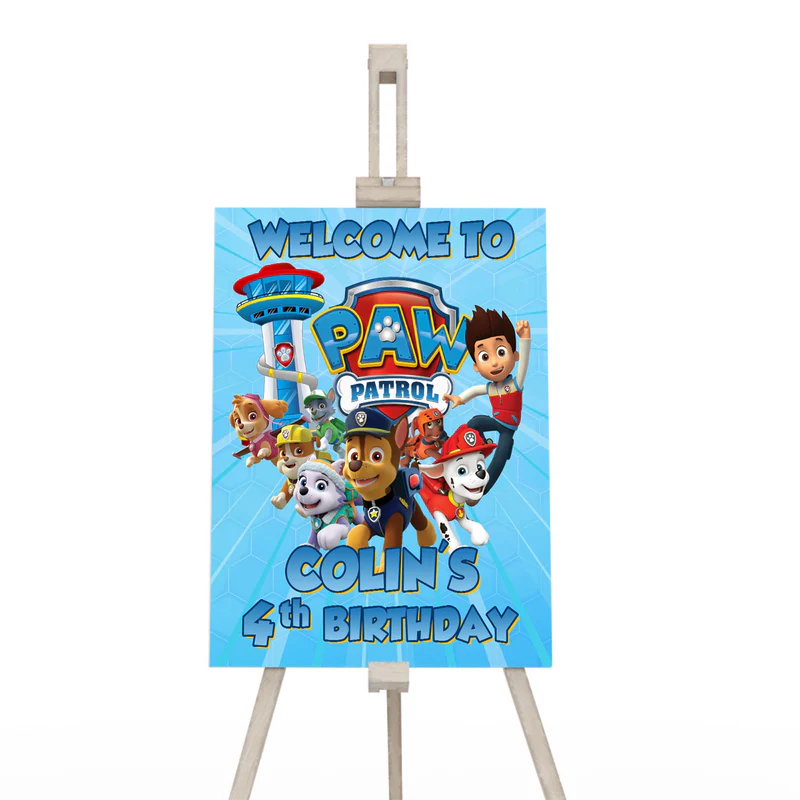Paw Patrol welcome sign with standing format and festive border design