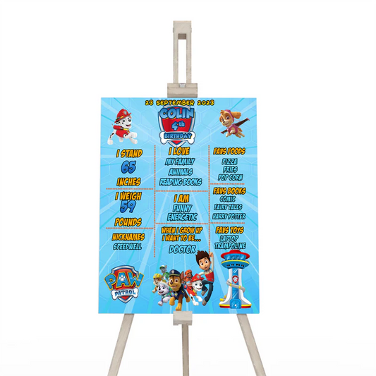 Paw Patrol milestone poster with birthday facts and bold layout on white