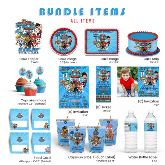 Paw Patrol party pack bundle with character designs on white background