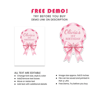 Pink Bow Personalized Cake Toppers Printable Digital Download