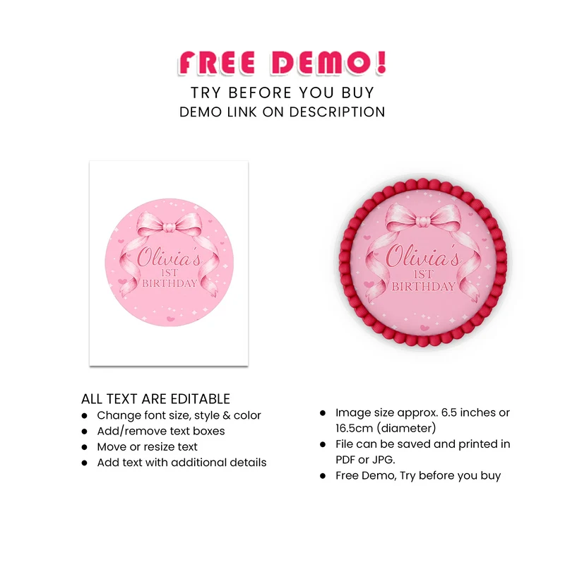 Pink Bow Personalized Icing Sheet Cake Images Digital Download