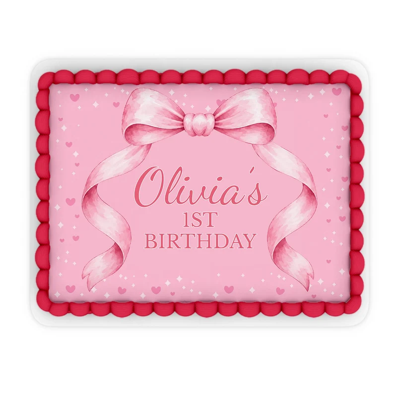Pink Bow custom sheet cake images showing a charming birthday layout on a large rectangle cake
