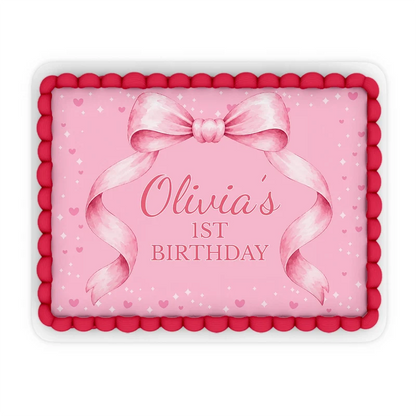 Pink Bow custom sheet cake images showing a charming birthday layout on a large rectangle cake