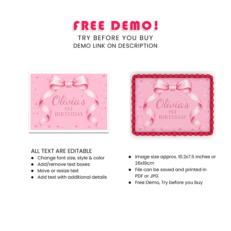 Pink Bow Personalized Icing Sheet Cake Topper Images Digital Download