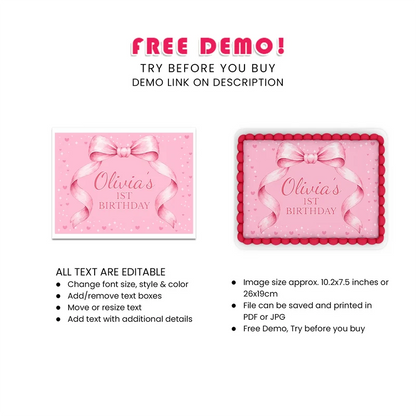 Pink Bow Personalized Icing Sheet Cake Topper Images Digital Download