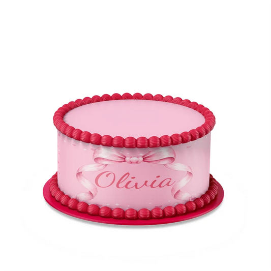 Pink Bow custom cake strips with soft pink ribbon patterns displayed neatly on a clean white background