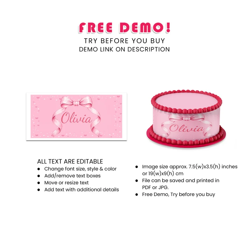 Pink Bow Personalized Cake Strips Image Printable Digital Download
