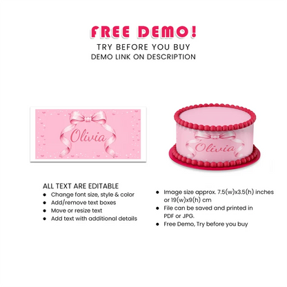 Pink Bow Personalized Cake Strips Image Printable Digital Download