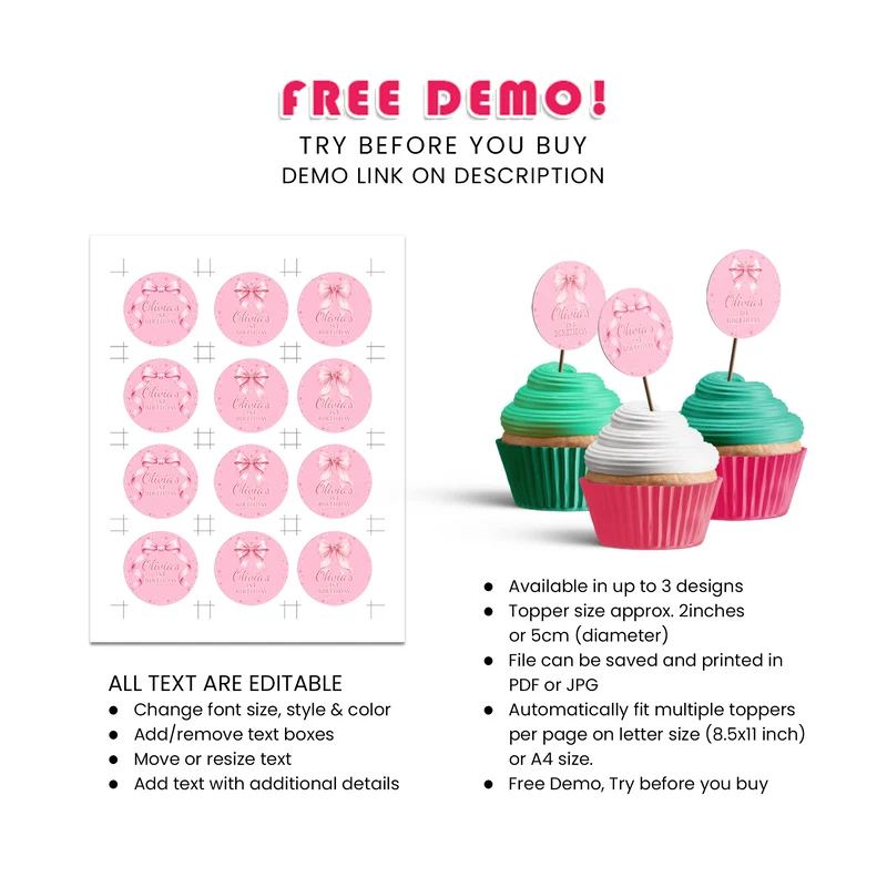 Pink Bow Personalized Cupcakes Toppers Digital Download