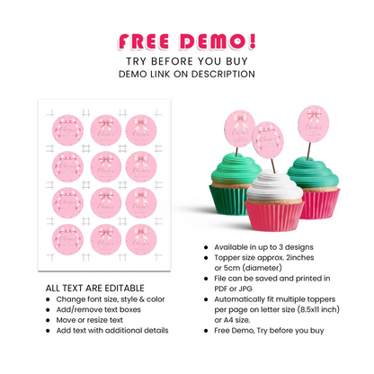 Pink Bow Personalized Cupcakes Toppers Digital Download