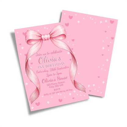 Pink Bow birthday card invitations displaying a pastel ribbon template layout on a minimal background