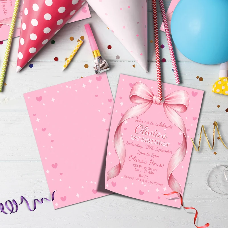 Cute Pink Bow Birthday Decorations, Pastel Pink Bow Party Supplies, Pink Bow Themed, Pink Bow Digital Template, Editable Pink Bow Image SVG PNG