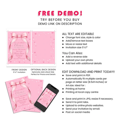 Pink Bow Personalized Birthday Card Invitations Printable Digital Download