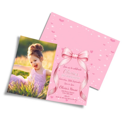 Pink Bow photo card invitations featuring a custom picture frame layout on a clean studio background