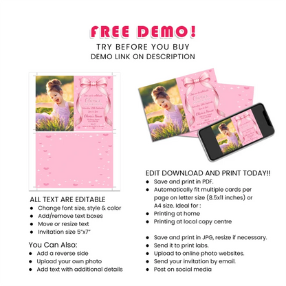Pink Bow Personalized Photo Card Invitations Printable Digital Download