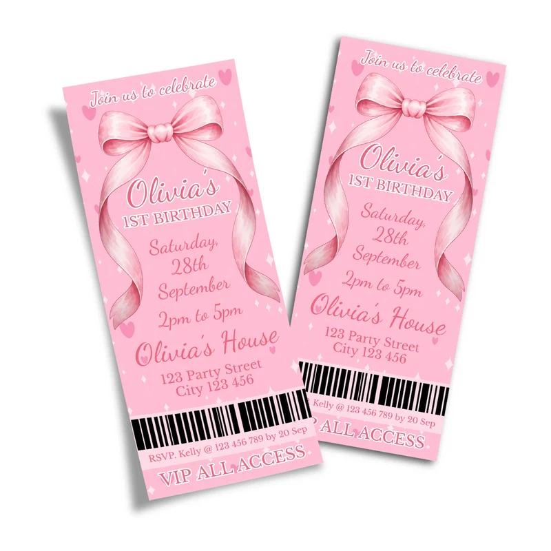 Pink Bow birthday ticket invitations showing an elegant event pass style layout with bold typography
