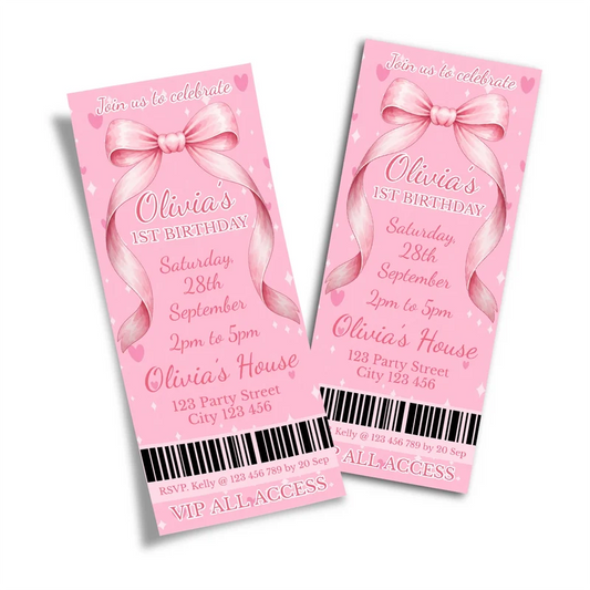 Pink Bow birthday ticket invitations showing an elegant event pass style layout with bold typography