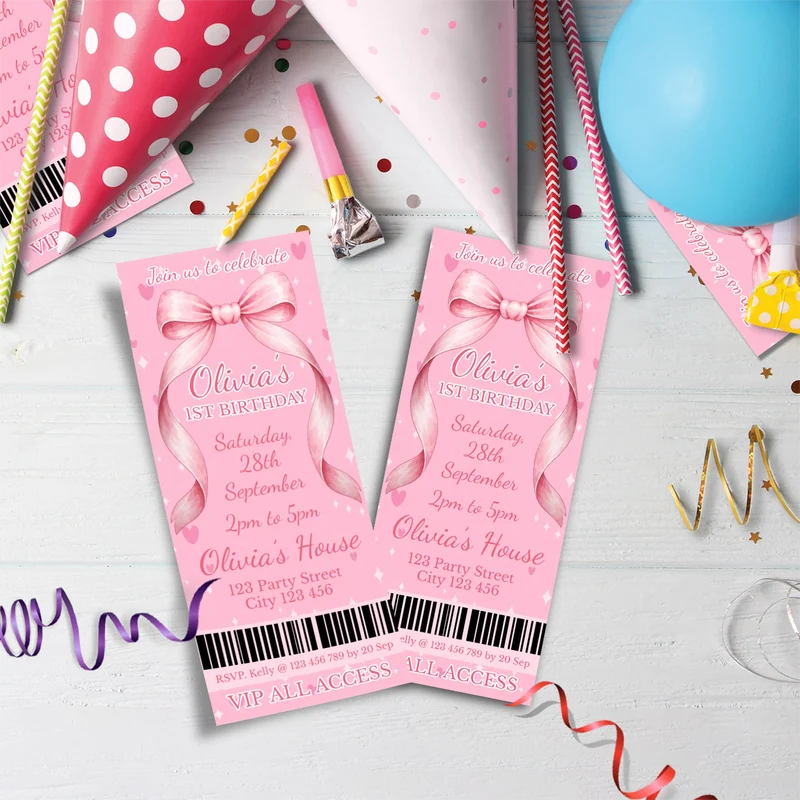 Cute Pink Bow Birthday Decorations, Pastel Pink Bow Party Supplies, Pink Bow Themed, Pink Bow Digital Template, Editable Pink Bow Image SVG PNG