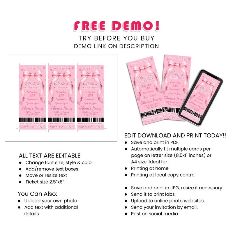 Pink Bow Personalized Birthday Ticket Invitations Digital Download