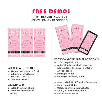 Pink Bow Personalized Birthday Ticket Invitations Digital Download
