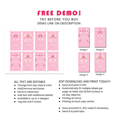 Pink Bow Favor Tags Printable Digital Download