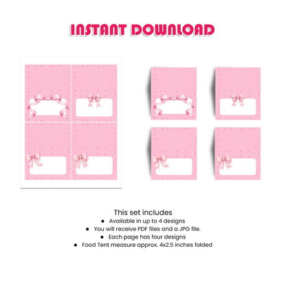 Pink Bow Food Cards Printable Digital Download
