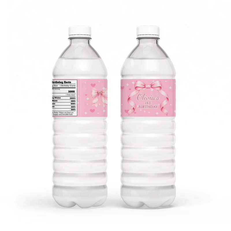 Pink Bow water bottle label wrap showing a soft pink party theme layout on a clear plastic bottle