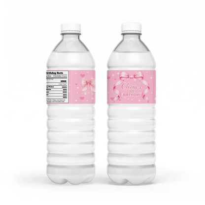 Pink Bow water bottle label wrap showing a soft pink party theme layout on a clear plastic bottle