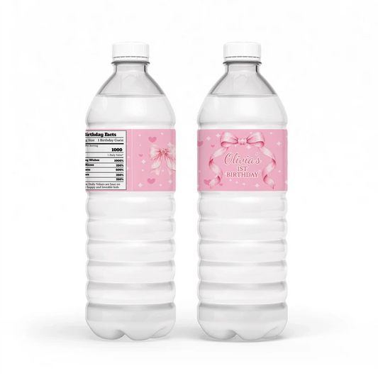 Pink Bow water bottle label wrap showing a soft pink party theme layout on a clear plastic bottle