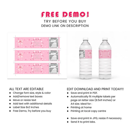 Pink Bow Water Bottle Label Printable Digital Download