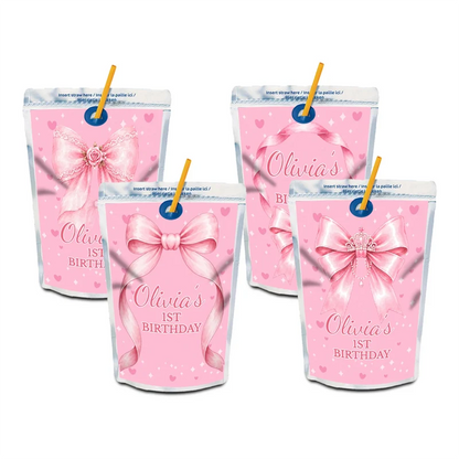 Pink Bow juice pouch label mockup featuring a charming birthday design attached to a silver pouch
