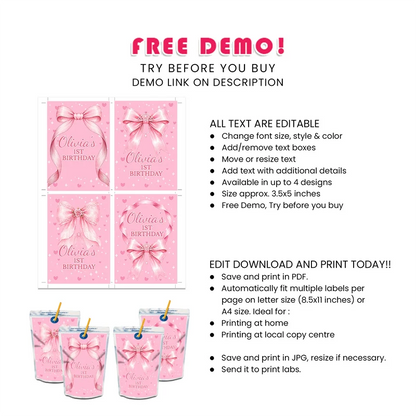 Pink Bow Juice Pouch Label Printable Digital Download