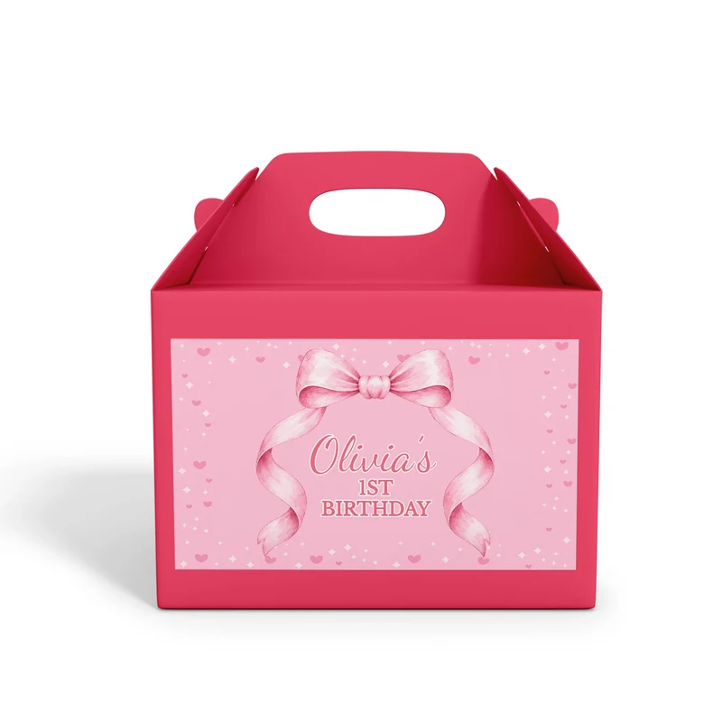 Pink Bow treat box label showing a soft pink custom design layout on a mini favor box container