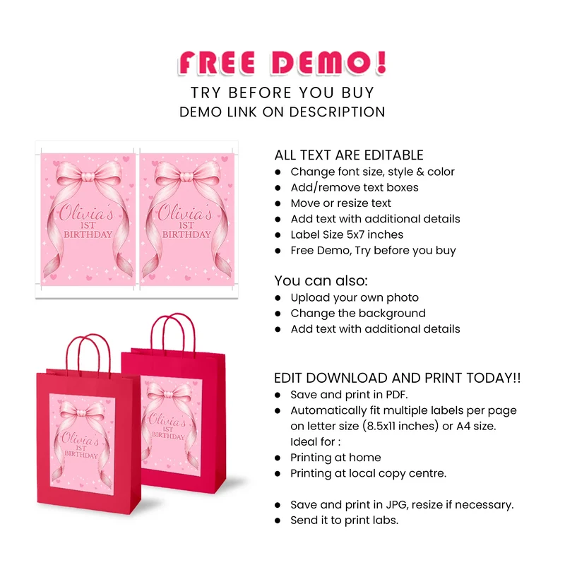 Pink Bow Goodie Bag Label Printable Digital Download